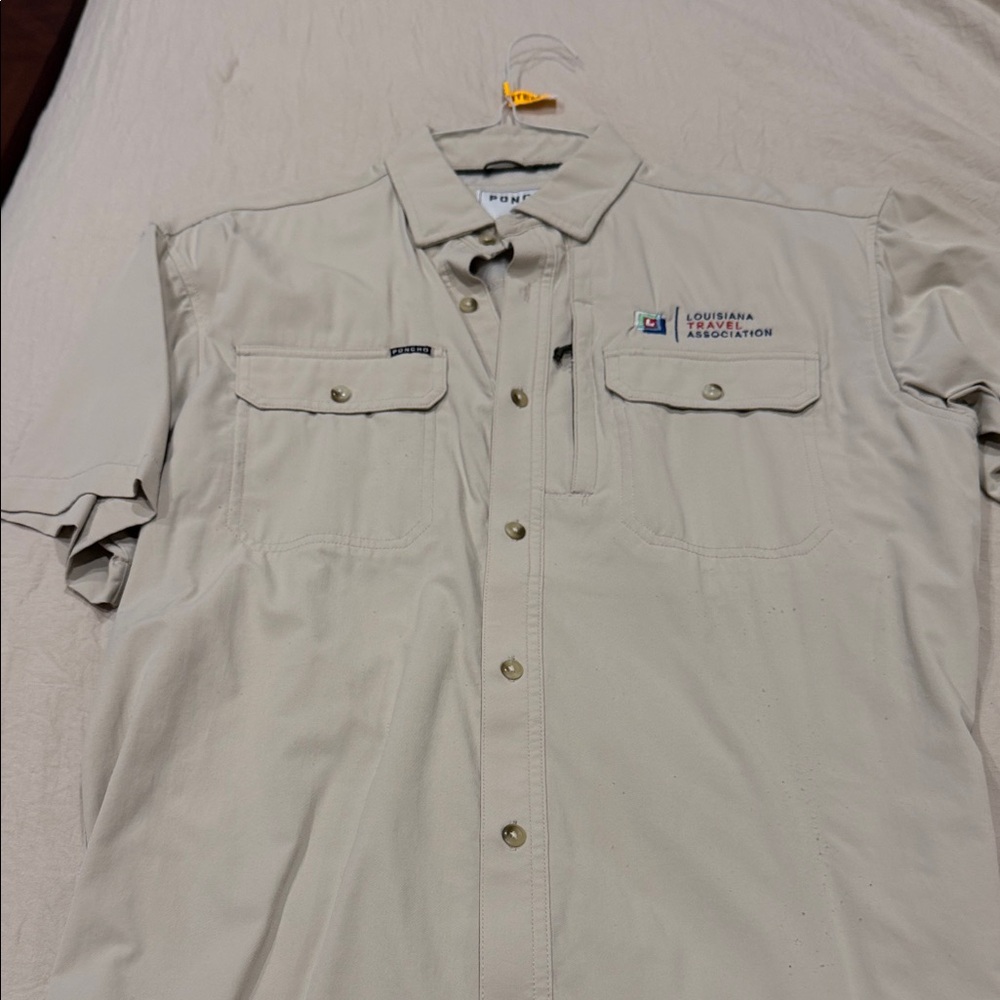 Poncho Beige Short Sleeve Button-Up Shirt